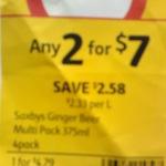Saxbys Ginger Beer 4x375ml 2-for-$7 (Save $2.58) = $0.88 / Bottle @ Coles