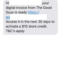 $10 Credit (Min $50 Spend) for Receiving Digital Invoice @ The Good Guys
