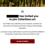 $20 off $100 Spend via Referral (+ Free Delivery) @ CellarDoor.co (Treasury Wine Estates)