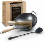 12" Hand Hammered Round Bottom Carbon Steel Wok Set with Spatula and Bamboo Brush US$35.99/A$53 + Delivery @ Mammafong