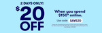 $20 off With $150+ Spend Online (Excludes Apple & Gaming Consoles) @ BIG W