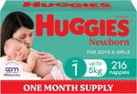 Huggies Newborn and Ultra Dry Nappies One Month Supply Sizes 1, 2, 3, 4, 5, 6 $59 ($51.15 S&S) Delivered @ Amazon AU