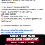 [SA] 50% off All Large Pizzas @ Domino's (Gilles Plains)