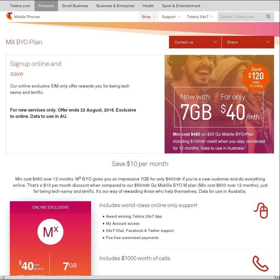 Telstra 40 MX BYO 12MTH Plan Now Comes with 7GB + 1000 Worth of Calls