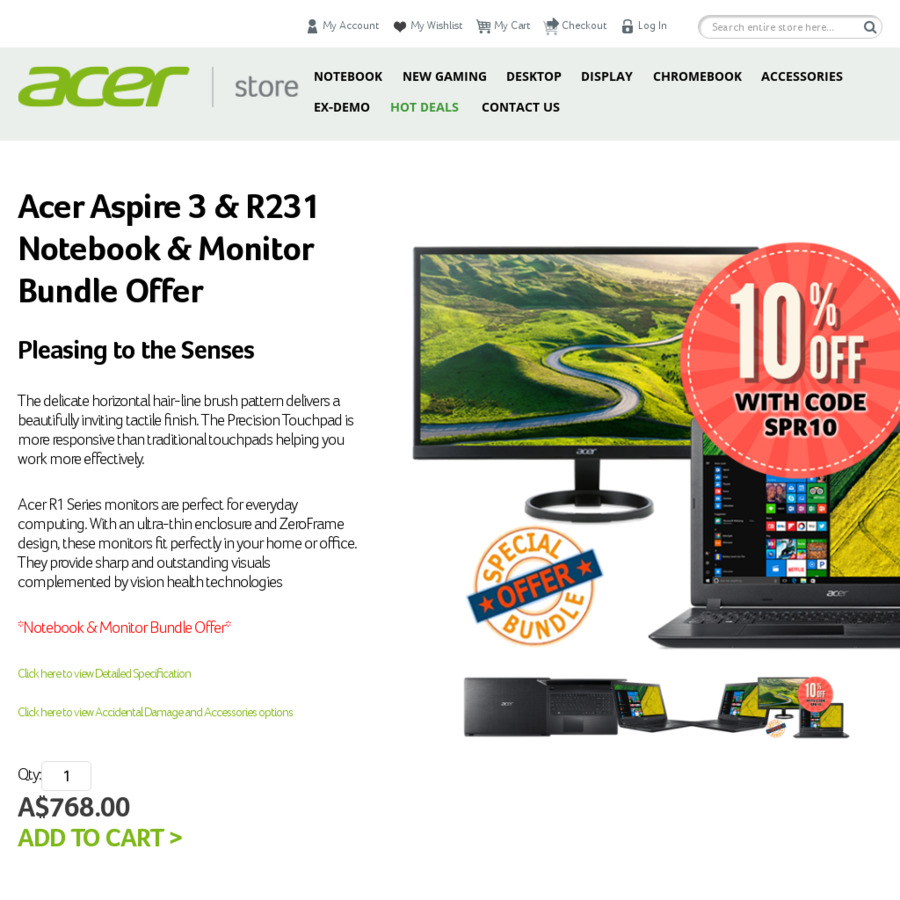 Acer Aspire 3 Notebook + R231 Monitor $691.20 (Was $768) + Free