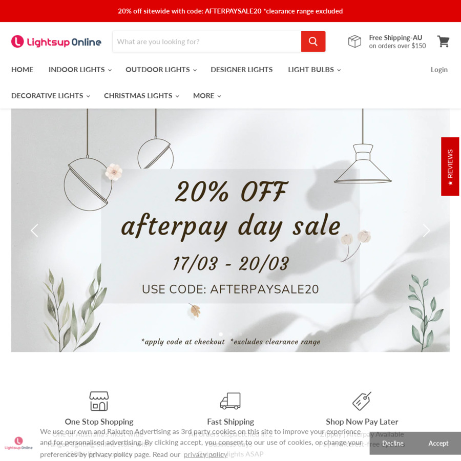 [Afterpay] 20% Off On All Lights + Up To 50% Off Clearance Items + $15 ...