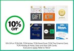 10% off TCN Gift, Active, Good Food, Cinema, Holiday & Hotel, Uber and Stan Gift Cards (Everyday Rewards Required) @ Woolworths