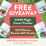 Win a $1,000 Flight Centre Voucher + $500 Pharma Botanica Gift Card or 1 of 5 $100 Gift Cards from Pharma Botanica