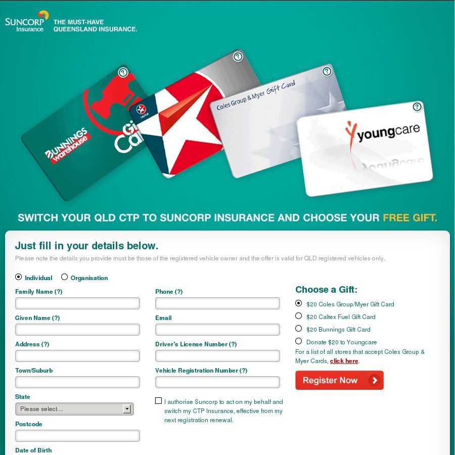 Switch to Suncorp CTP and Receive a $20 Gift Card - QLD Only - OzBargain