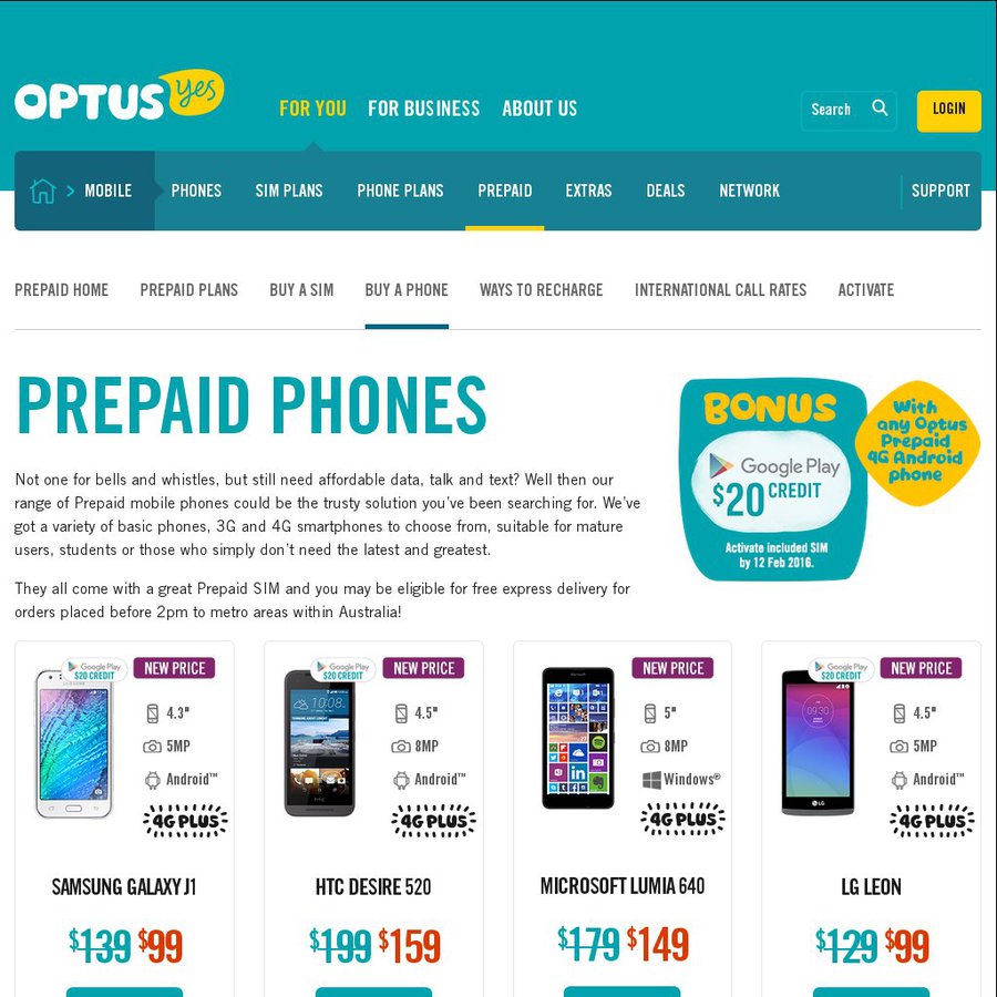 Bonus $20 Google Play Credit with Any Optus Prepaid 4G Android Phone