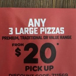 Any 3 Large Premium/Traditional Pizzas $20 (Pick up) @ Domino's