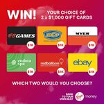 Win Your Choice of 2 x $1,000 Gift Cards (EB Games/BCF/Myer/Endota Spa/Red Balloon/eBay) from Virgin Money Australia