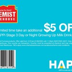 $5 off Voucher for HAPPi Stage 3 Day or Night Growing Up Milk Drink 600g @ Chemist Warehouse