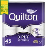 Quilton 3-Ply 180-Sheet Toilet Tissue, Pack of 45 $21 ($18.90 S&S) + Delivery ($0 with Prime/ $39 Spend) @ Amazon AU