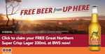 Free 330ml Bottle of Great Northern Brewery Super Crisp Lager BWS (Requires SMS Confirmation + Detail Registration)