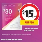 Telstra $30 Prepaid SIM for $15 @ Coles