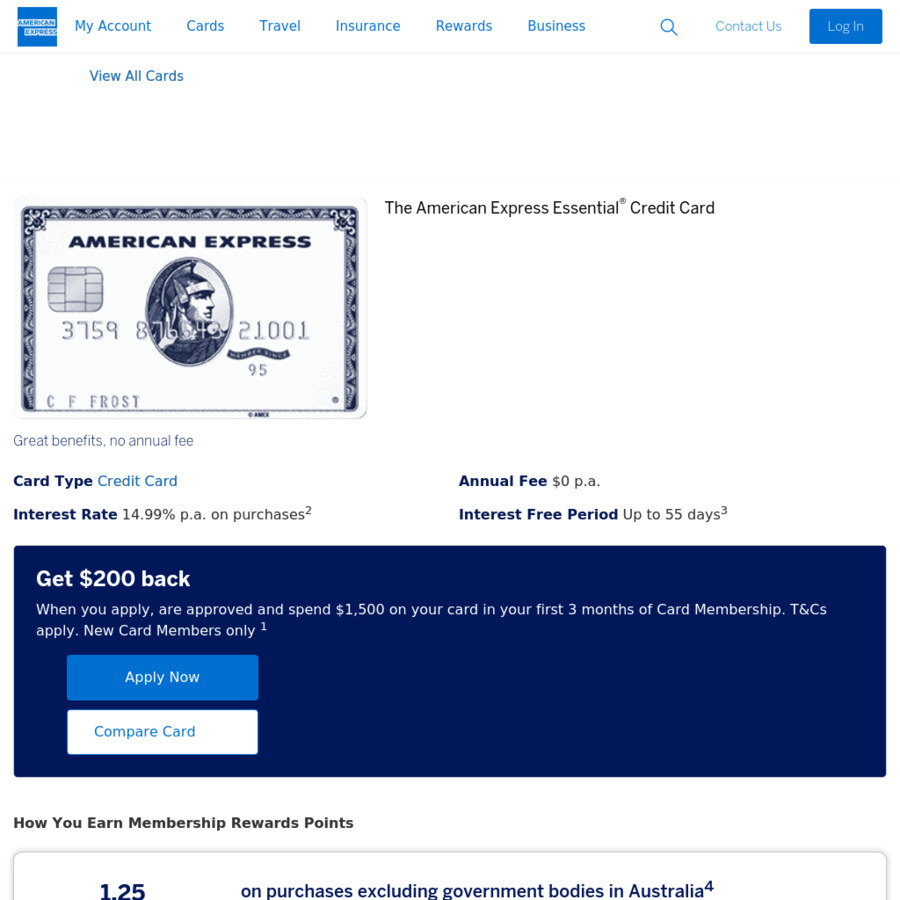 American Express Essential Credit Card: $200 (or $300 with Referral)  Cashback with $1,500 Spend in First 3 Months, $0 Annual Fee - OzBargain