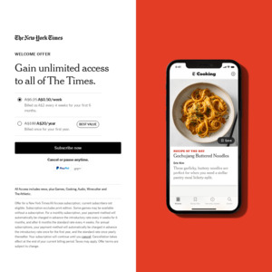 New York Times - All Access A$20 for The First Year - Including The Athletic, Wirecutter, Games, Cooking and News