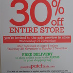 30% off Entire Pumpkin Patch Store 27 Nov to 1 Dec. Online from 28/11-1/12. Inc. Sale Items