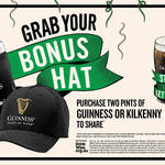Buy 2 Pints of Guinness/Kilkenny Get a Guiness Curved Peak Cap/Quirky Hat (RRP $9.99/$14.99) @ Participating Pubs