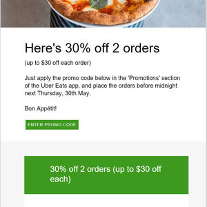 30% off 2 Orders (Maximum $30 Discount) @ Uber Eats - OzBargain