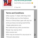 Free Cadbury Layers Cherry Ripe 35g or Picnic 34g with any Hot Drink Purchase (Small Coffee $1) @ My-7-Eleven App
