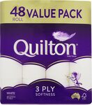 Quilton 3 Ply Toilet Tissue, Pack of 48 (No Inners Packs) $16 ($14.40 S&S) + Delivery ($0 with Prime/ $39 Spend) @ Amazon AU