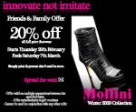 20% OFF Mollini Shoes (Family & Friends offer) www.mollini.com.au