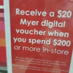 Myer One - $20 Digital Voucher for in Store Purchase of $200 or More