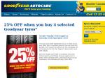 25% off when you buy 4 Selected Goodyear Tyres at Goodyear Autocare