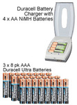 Duracell charger + 4 AA NiMH batteries OR 24 AAA alkalines $9.99 (+ $5.99 delivery)