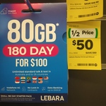 Lebara 180-Day 80GB $50 (Was $100), Unlimited International Calls to 26 Countries @ Woolworths in-Store