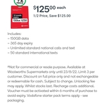 ½ Price: Vodafone Prepaid Starter Pack $250 150GB 365-Day for $125 in-Store Only @ Woolworths