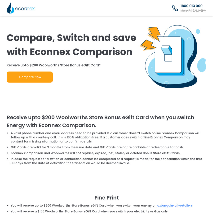 Get up to 200 Woolworths eGift Card for Switching Electricity and