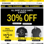 30% off Short Sleeve Shirts and Shorts + $5 Delivery ($0 C&C/ $80 Order) @ Connor