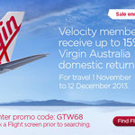 ✈ VELOCITY MEMBERS (Virgin Australia) Upto 15% OFF Domestic ONLY - Travel 1st Nov - 12th Dec! ✈
