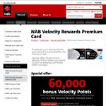 NAB Velocity Rewards Premium Card 60,000 Velocity Points $150 Annual Fee (or 30,000 for $95)