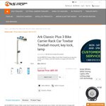 Ark Classic Plus 3 Bike Carrier Rack Car Towbar Towball Mount, Key Lock, Lamp $92.95 Delivered @ Trailer Camper