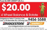 4 Wheel Balance & Rotate Bridgestone Select Canning Vale WA $20