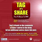 TAG or SHARE Post on Facebook for a Chance to Win A Garage Opener from Agg Doors Valued @ $350
