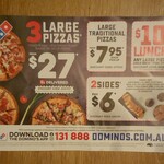 [NSW] 3 Traditional/Veg Plant Based Pizzas $27 Delivered, 2 Sides $6 @ Domino's Pizza
