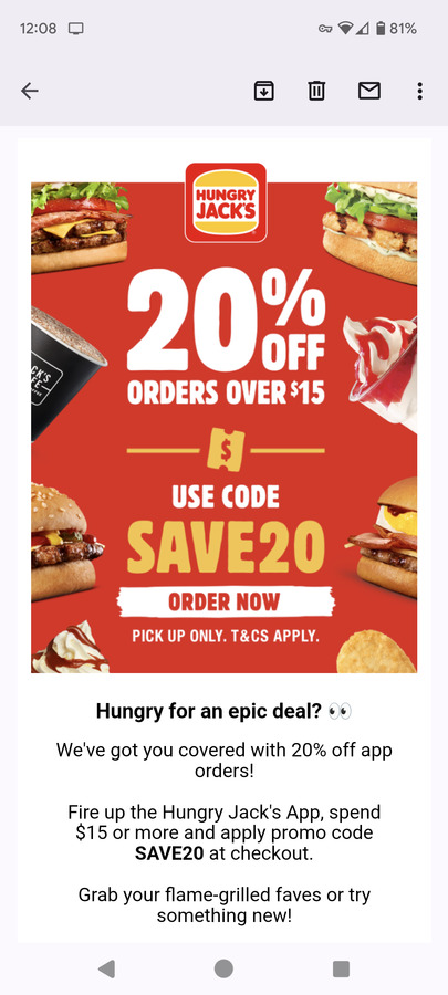 20 off Minimum 15 App Order Pickup Only Hungry Jacks OzBargain