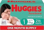 Huggies Newborn / Ultra Dry Nappies (Size 1,2,3,4,5,6) - One Month Supply $60 (S&S $54 / $51 with Prime) Delivered @ Amazon AU