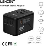 LENCENT Universal Travel Adapter, GaN III 65W 2 USB Ports & 3 USB-C PD US$14.96 (~A$23.15) Shipped @ Cutesliving AliExpress