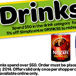 Woolworths 5% off $50 Drinks + Free Delivery on Weekend