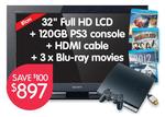 BigW: Sony PS3 120GB + Sony 32" Bravia Full HD LCD + 3x Blu-Rays + HDMI - $897 Instore