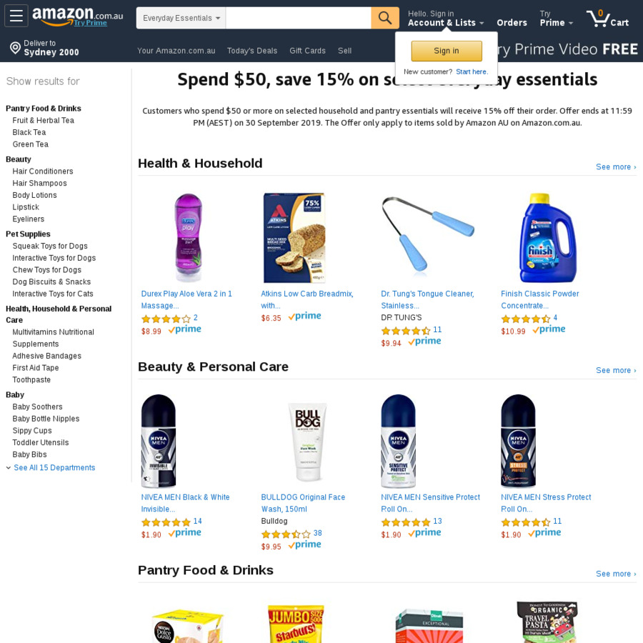 15% off Selected Everyday Essentials (Min $50 Purchase) @ Amazon AU ...