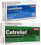 70x Cetrelief 10mg Cetirizine + 50x Lorastyne 10mg Loratodine Tabs, Hayfever & Allergy Relief $15.99 Delivered @ PharmacySavings