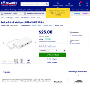 Belkin 6-in-1 Multiport USB-C Hub White $25 + Delivery ($0 in-Store/ C&C/ OnePass/ $65 Metro Order) @ Officeworks