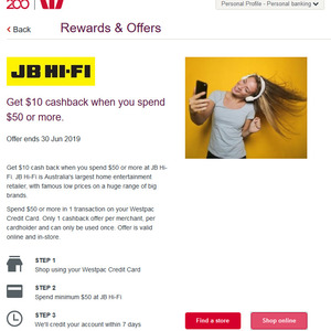 Westpac Extras Cashback Jb Hi Fi Get 10 On 50 Spend